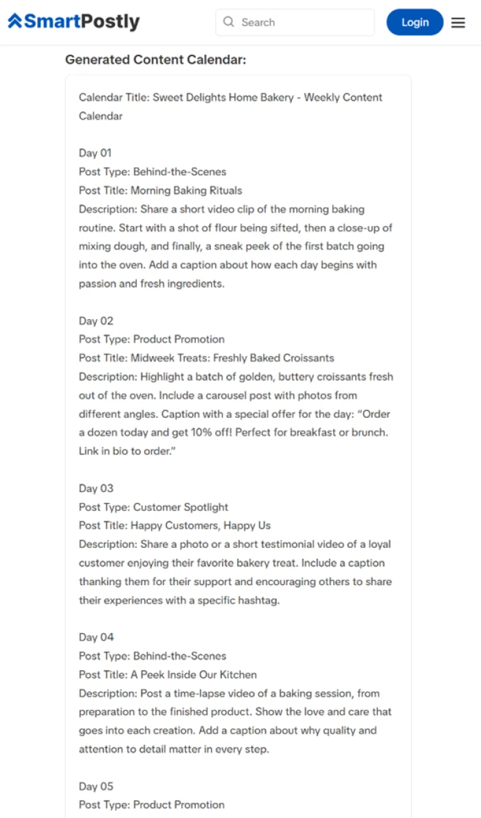Seven-day Sweet Delights Home Bakery content calendar with a labeled post type and description for each day