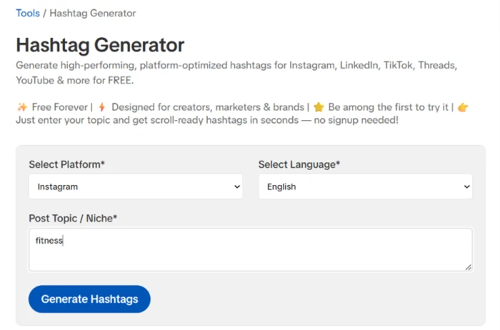 SmartPostly hashtag generator with fitness entered as the topic for Instagram