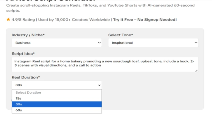 SmartPostly script generator with niche and tone selectors and a reel duration set to 30 seconds