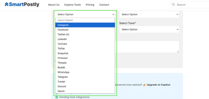 SmartPostly caption tool platform dropdown listing fifteen destinations including Instagram, LinkedIn, Discord, and Quora