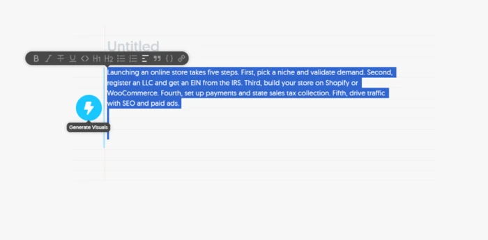 Napkin lightning icon labeled Generate Visuals appears beside a selected paragraph of text