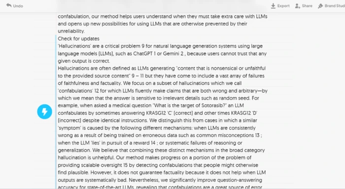 Imported PDF shown as one continuous block of text with section headings stripped and citation numbers merged into sentences