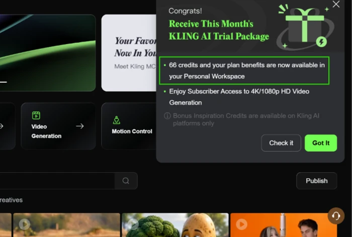 Kling AI sign-up popup confirming 66 free credits in the Personal Workspace with a prompt to upgrade for 4K and 1080p HD video