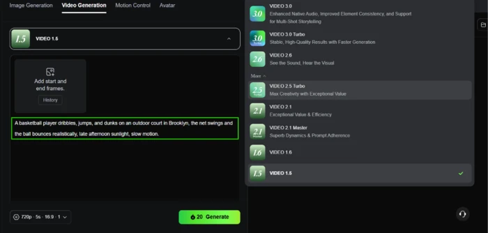 Kling AI Video Generation tab defaulting to the VIDEO 1.5 model with the basketball prompt entered and a 20-credit price for a 720p five-second clip