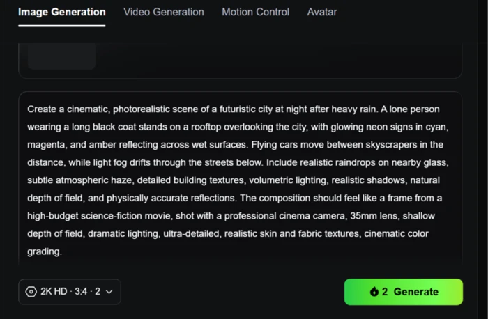 Kling AI Image Generation tab with a cinematic city prompt priced at 2 credits for a 2K HD image