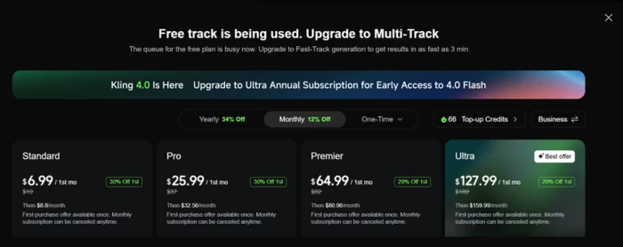 Kling AI Multi-Track upgrade popup replacing the image render, flagging the free track as busy and showing four paid plans below
