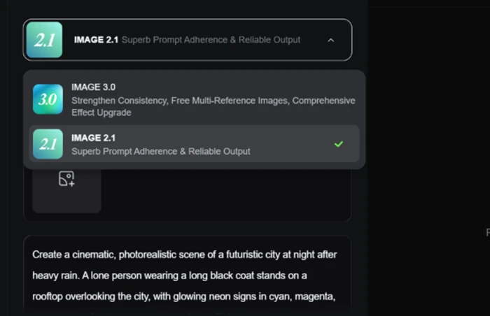 Kling AI image model dropdown on a free account offering only two models, IMAGE 3.0 and IMAGE 2.1