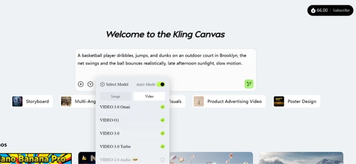 Kling Canvas workspace loaded with the basketball prompt, a model list including VIDEO 3.0 Omni and O1, and the credit balance still reading 66.00