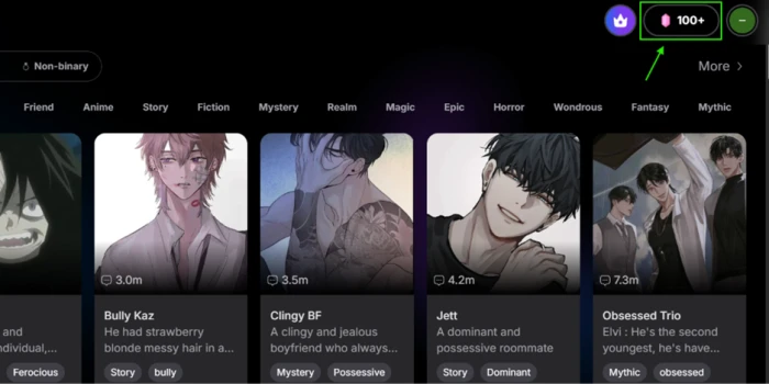 Yollo AI homepage showing a grid of character cards sorted into Anime, Story, Mystery, Horror and Fantasy categories with engagement counts in the millions