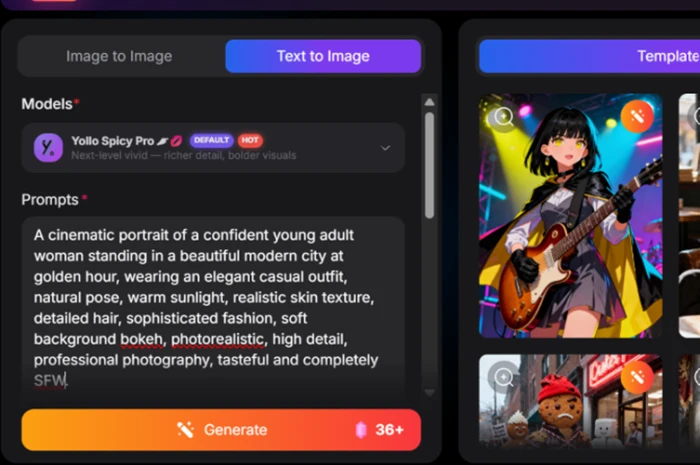 Yollo AI text-to-image screen with the default model labeled Yollo Spicy Pro carrying a HOT tag and a credit cost of 36 shown for the generation