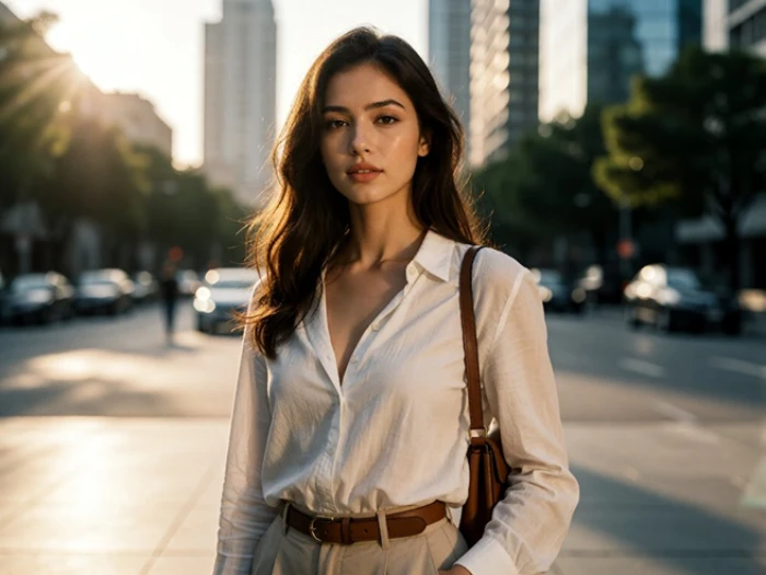 Photorealistic AI-generated portrait of a young woman in a city at golden hour, the result of the SFW cinematic prompt on Yollo AI