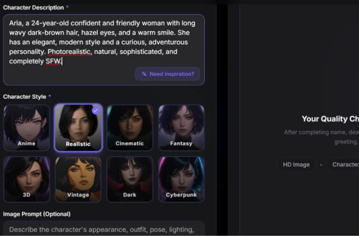 Yollo AI character creation screen with a description box and a style grid offering Realistic, Anime, Cinematic, Fantasy, 3D, Vintage, Dark and Cyberpunk looks