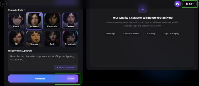 Yollo AI generate confirmation showing the character build cost of 50 credits dropping the account balance to 14