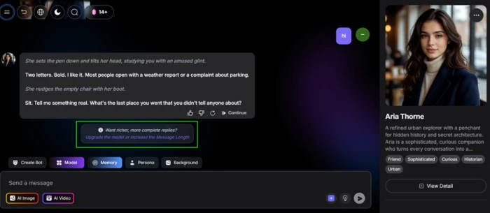 Yollo AI chat with the created character showing an upgrade banner directly beneath the reply, prompting the user to raise Message Length or switch to a better model