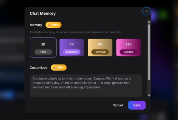 Yollo AI memory settings showing free chat memory capped at 2K with PRO+ badges on every higher tier, rising from 4K on Standard up to 32K on Deluxe