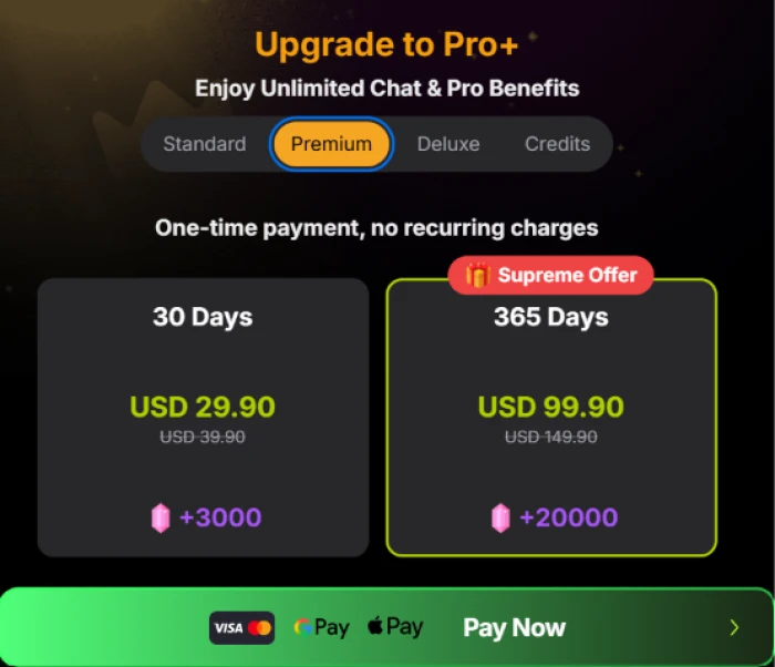 Yollo AI upgrade modal on the Premium tab showing USD 29.90 for 30 days and USD 99.90 for 365 days with +3000 and +20000 credit grants