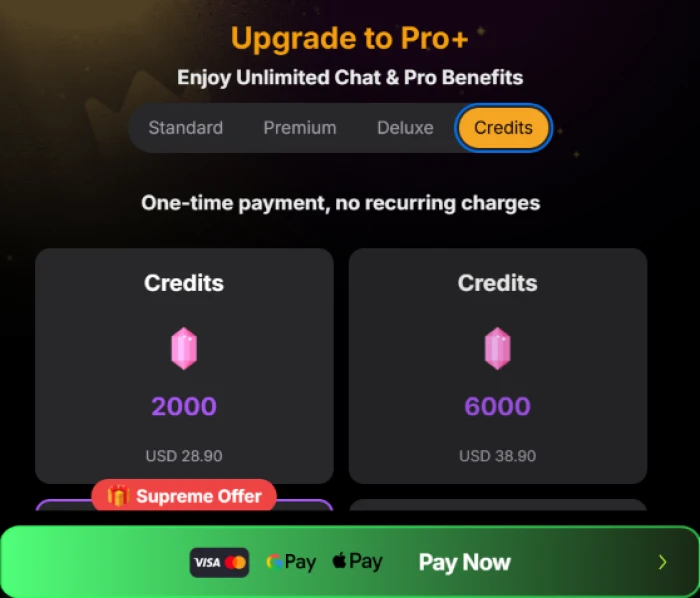Yollo AI upgrade modal on the Credits tab showing 2000 credits for USD 28.90 and 6000 credits for USD 38.90 as one-time purchases