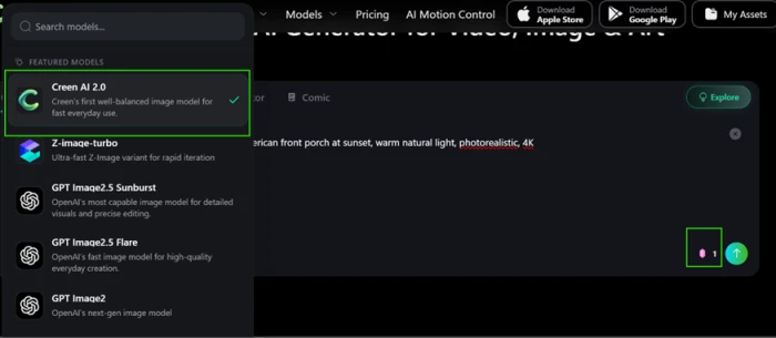 Creen AI model picker with Creen AI 2.0 at the top followed by Z-image-turbo and GPT Image options