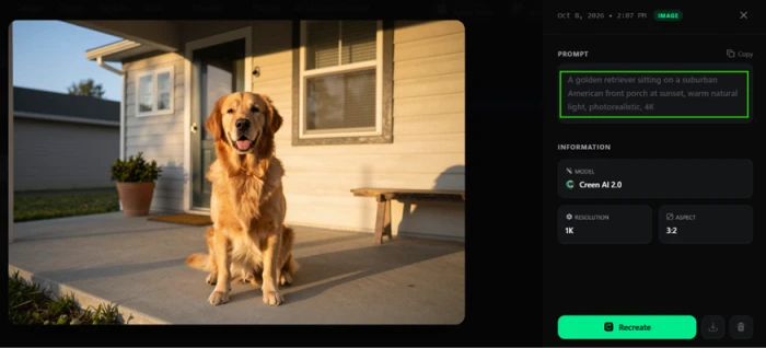 AI-generated golden retriever sitting on a suburban porch in warm sunset light with a reflective window behind it