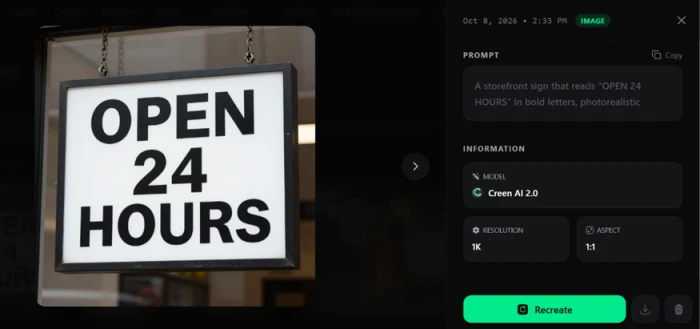 AI-generated hanging storefront sign reading OPEN 24 HOURS in bold letters with a plausible chain and shadow