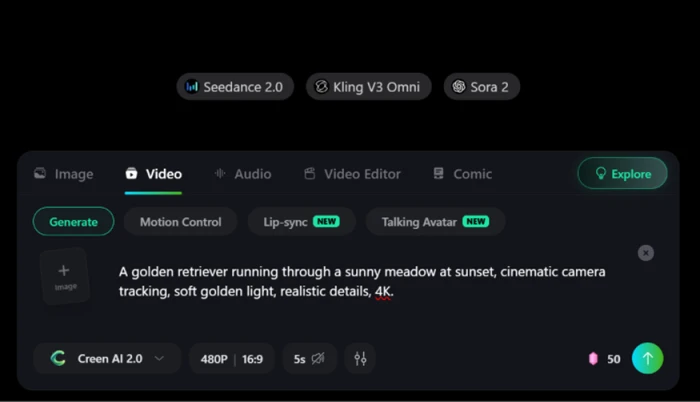 Creen AI video tab showing a generation cost of 50 credits for a single clip