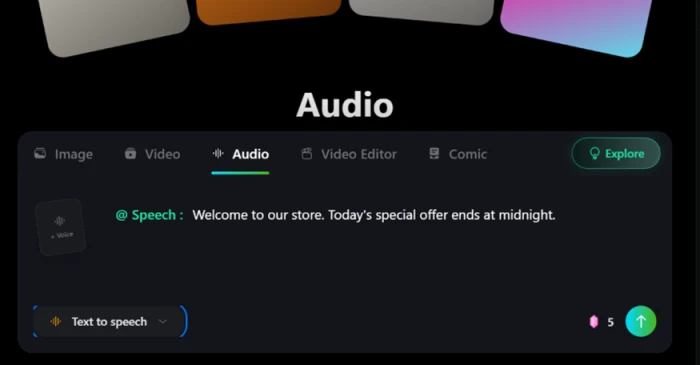 Creen AI text-to-speech panel with a short script entered and a cost readout of 5 credits per clip