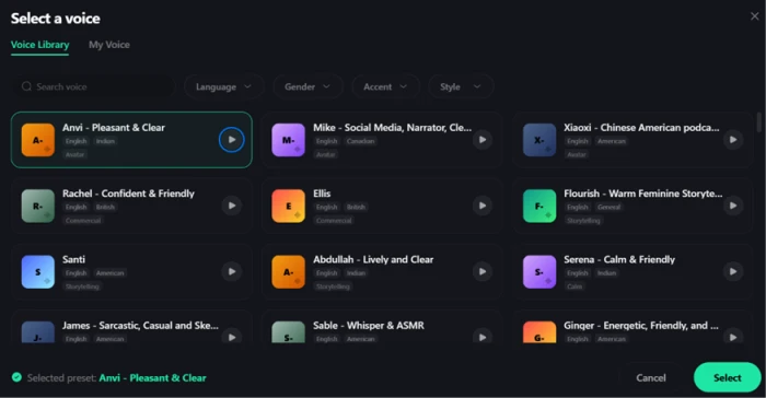Creen AI voice library listing named presets tagged by language, accent, and style including American and British English