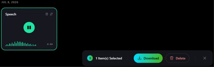 Creen AI four-second generated speech clip shown on a result card with a download control