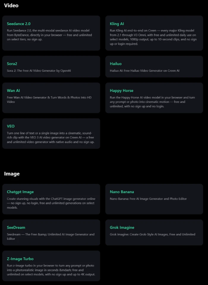 Creen AI model roster grouped by type, listing video engines like Seedance, Kling, Sora2, Hailuo, Wan and VEO alongside image engines