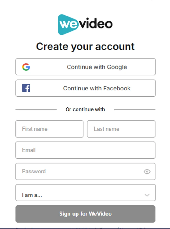 WeVideo Create your account page with Google and Facebook sign-in buttons, manual name and email fields, and an I am a drop-down