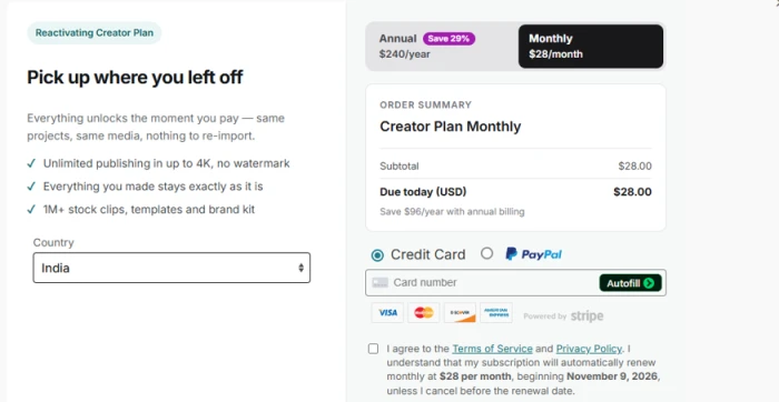 WeVideo Reactivating Creator Plan checkout showing 28 dollars per month, 240 dollars per year labelled save 29 percent, Stripe and PayPal, and an auto-renewal notice