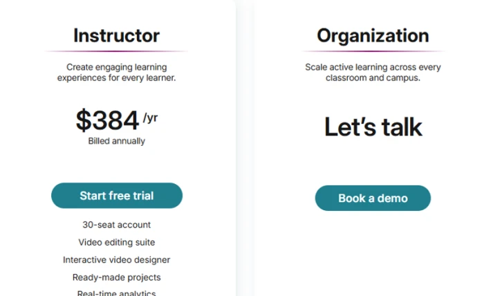 WeVideo education pricing showing Instructor at 384 dollars per year for 30 seats with a start free trial button, and Organization with a Let us talk custom quote