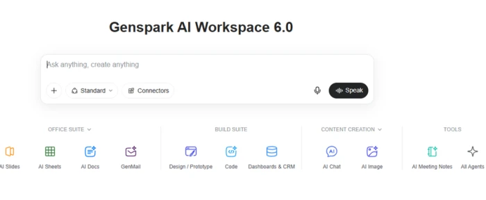 Genspark AI Workspace 6.0 home screen with one Ask anything prompt box above a tray of apps grouped into Office Suite, Build Suite, Content Creation and Tools