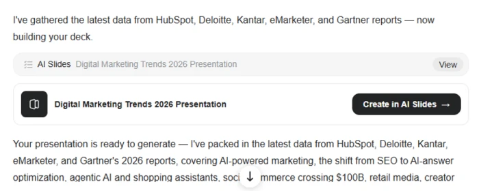 Genspark agent reporting that it gathered data from HubSpot, Deloitte, Kantar, eMarketer and Gartner, then previewing the deck scope in plain language