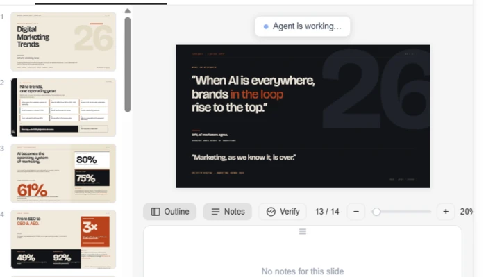 Genspark AI Slides editor with fourteen slides in a left rail, a dark editorial design with a large 26 motif, and Outline, Notes and Verify controls