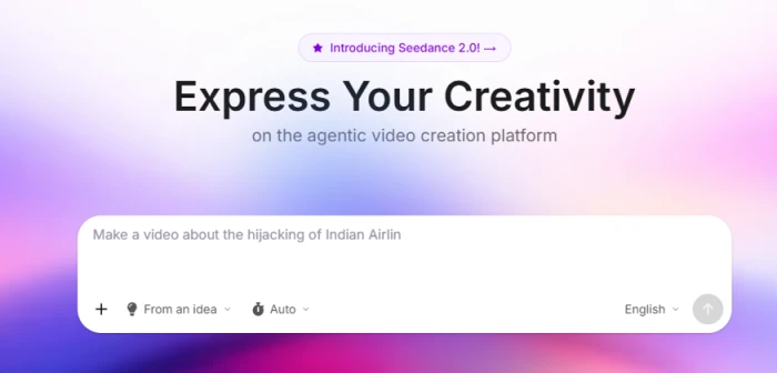Focal home screen with a single large prompt box under Express Your Creativity, an input-mode selector reading From an idea, an Auto generation mode, and a language picker