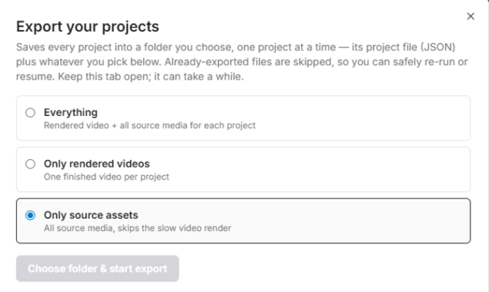 Focal export dialog offering three scopes, Everything with video and all source media, Only rendered videos, or Only source assets, with a resumable keep-this-tab-open warning