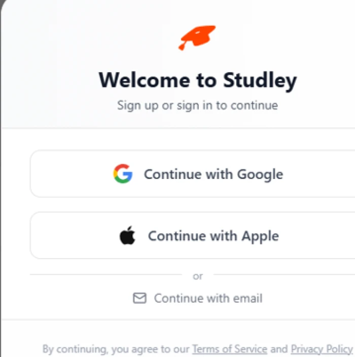 Studley sign-in card offering Continue with Google, Continue with Apple, or Continue with email and no other fields