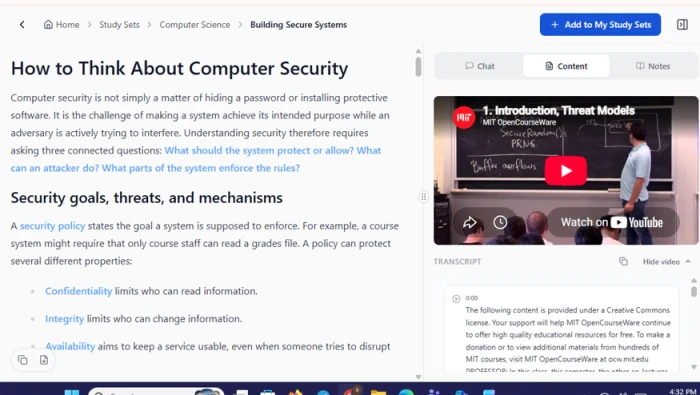 Studley study set titled Building Secure Systems with AI notes and highlighted key terms on the left and the source video plus a time-stamped transcript on the right, tabs for Chat, Content and Notes across the top