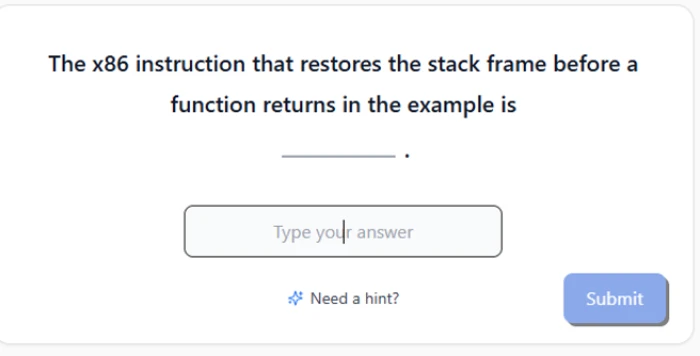 Studley fill-in-the-blank question with an optional Need a hint button for harder items