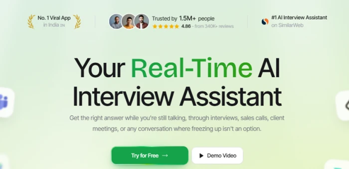Parakeet AI landing page with a green-and-black Real-Time headline, social proof bar claiming No. 1 Viral App in India, 1.5M+ users and 4.86 from 340K+ reviews, and Try for Free and Demo Video buttons
