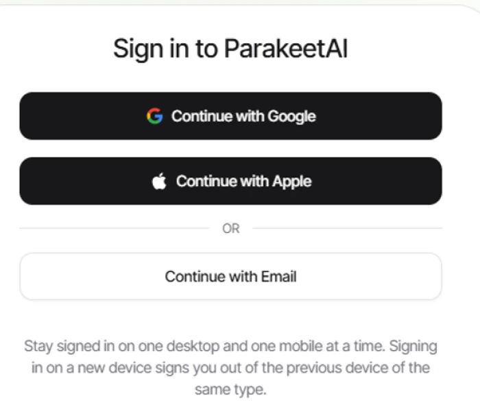 Parakeet AI sign-in screen offering Google, Apple or email, with a notice that only one desktop and one mobile can be signed in at a time