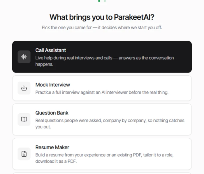 Parakeet AI onboarding step asking what you came for, with Call Assistant, Mock Interview, Question Bank and Resume Maker options, each carrying a one-line explainer