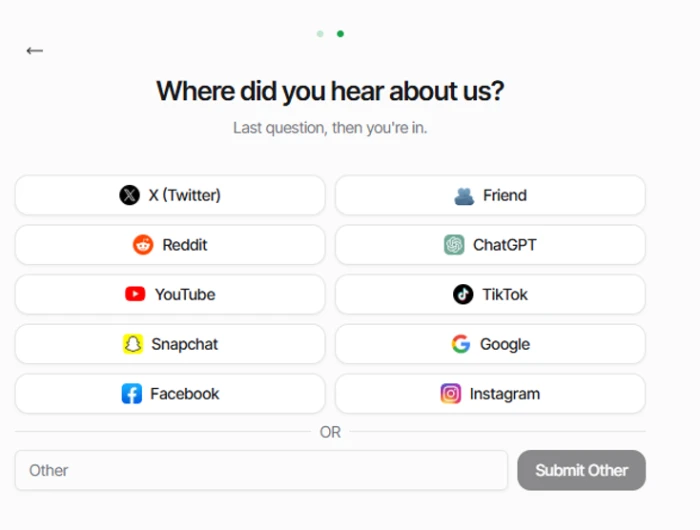Parakeet AI attribution survey asking where you heard about it, listing X, Reddit, YouTube, Snapchat, Facebook, Friend, ChatGPT, TikTok, Google, Instagram and an Other field