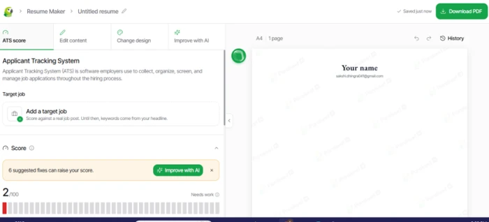 Parakeet AI resume maker showing a fresh empty resume scored 2 out of 100 and labeled Needs work with 6 fixes flagged