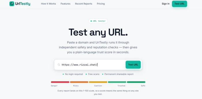 The UrlTestly test page with the URL rizzai.chat entered into the input box, ready to run a scan