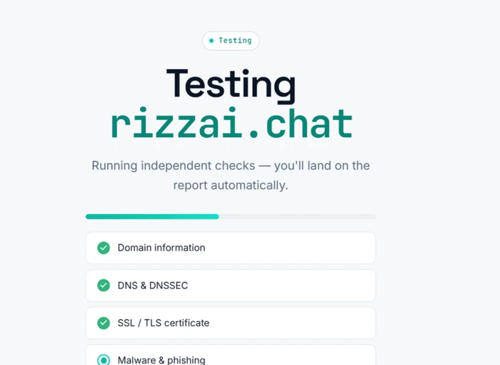 UrlTestly running a live scan on rizzai.chat, with domain, DNS and SSL checks ticked complete and the malware and phishing check in progress