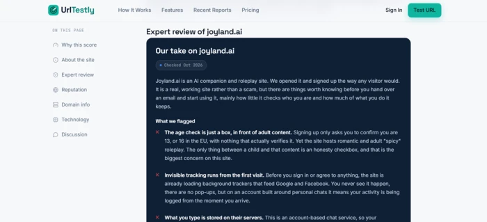 UrlTestly expert review section titled Our take on joyland.ai, a human review that opened and signed up for the site and lists what it flagged