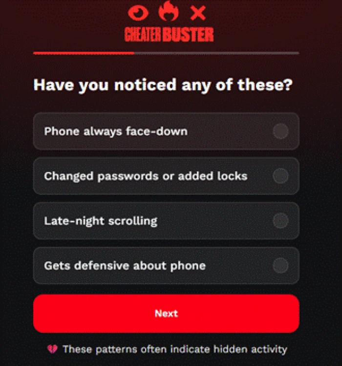 CheaterBuster checklist listing everyday habits such as phone face-down, changed passwords, and late-night scrolling as warning signs