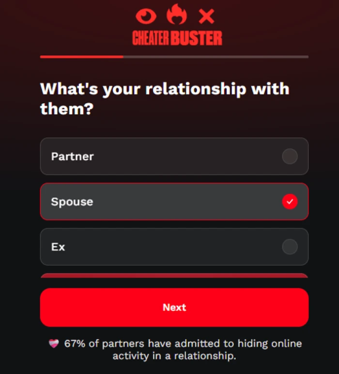 CheaterBuster step asking about your relationship, with a claim that 67 percent of partners have admitted to hiding online activity